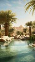 A serene pool scene with lush palm trees AI Generated photo