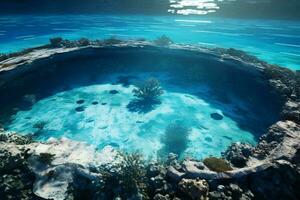 A stunning blue hole surrounded by vibrant coral reefs in the ocean AI Generated photo