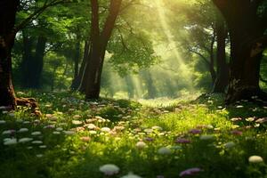 un lozano y vibrante bosque con un abundancia de verde arboles y vistoso flores ai generado foto