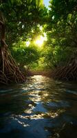 un sereno paisaje con luz de sol transmisión mediante arboles sobre el agua ai generado foto