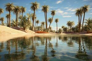 Palm trees reflecting in the peaceful waters of a serene lake AI Generated photo