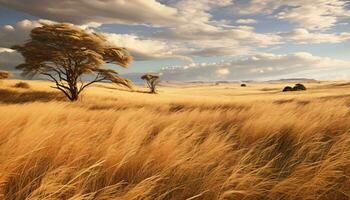 A serene landscape with tall grass and a solitary tree in the distance AI Generated photo