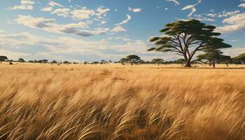 A picturesque field of tall grass and majestic trees in the backdrop AI Generated photo