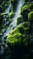 Moss-covered rocks in a serene stream of water AI Generated photo