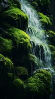 A serene waterfall covered in lush green moss AI Generated photo