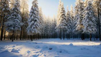 A serene winter landscape with snow-covered trees in a dense forest AI Generated photo