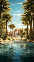 Palm trees and a waterfall painting AI Generated photo