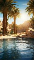 un sereno piscina oasis con lozano palma arboles y natural rock formaciones ai generado foto