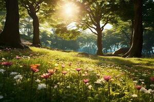 un hermosa iluminado por el sol bosque con vistoso flores ai generado foto