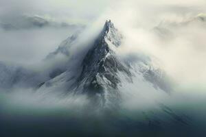 un majestuoso montaña envuelto en niebla y nubes ai generado foto