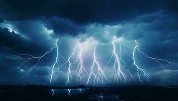 A dramatic display of lightning strikes illuminating the night sky AI Generated photo