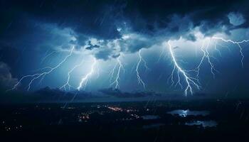 un ciudad horizonte iluminado por un dramático relámpago tormenta a noche ai generado foto