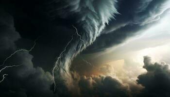 un dramático tormenta nube con un poderoso relámpago tornillo en el centrar ai generado foto