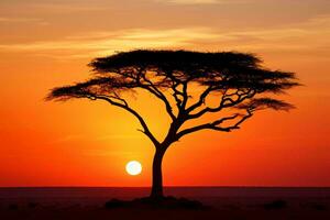 A beautiful sunset behind a solitary tree AI Generated photo