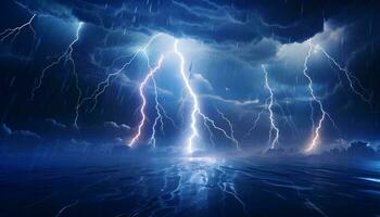 un dramático relámpago tormenta esclarecedor el noche cielo encima un sereno cuerpo de agua ai generado foto