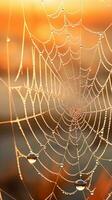 A spider web covered in glistening water drops at sunset AI Generated photo