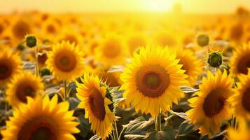 A stunning field of sunflowers with the golden sun shining in the background AI Generated photo