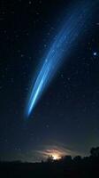 un brillante azul cometa esclarecedor el noche cielo ai generado foto