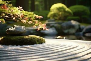 A serene rock garden with a majestic tree in the background AI Generated photo