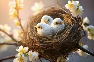 A group of birds in a nest perched on a tree branch AI Generated photo