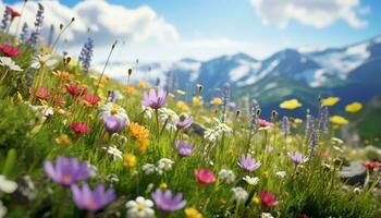 A vibrant field of wildflowers with majestic mountains as the backdrop AI Generated photo