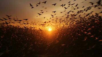 A mesmerizing sunset scene with a flock of birds soaring gracefully over a picturesque field AI Generated photo