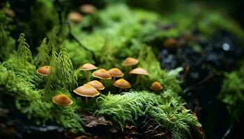 Mushrooms in a vibrant green forest AI Generated photo