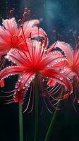 Two vibrant red flowers adorned with glistening water droplets AI Generated photo