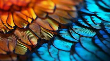 A vibrant and intricate pattern of feathers on a colorful bird AI Generated photo