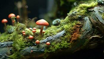 A cluster of mushrooms on a mossy log in the forest AI Generated photo