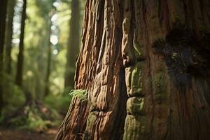 A detailed close-up of the textured bark on a tree trunk in a lush forest AI Generated photo