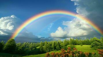 Two vibrant rainbows stretching across a picturesque green field AI Generated photo