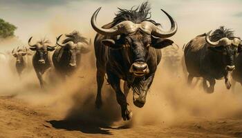 un grupo de vacas corriendo a través de un polvoriento campo ai generado foto