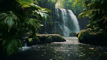 A stunning waterfall surrounded by lush jungle foliage AI Generated photo