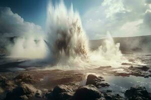 A powerful wave crashing against rocky shore in the ocean AI Generated photo