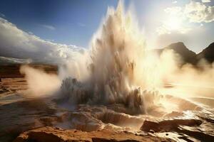 A powerful geyser erupting with force and sending water high into the sky AI Generated photo