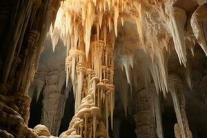 un asombroso cueva lleno con fascinante estalactitas colgando desde el techo ai generado foto