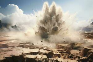 A massive rock explosion in the desert AI Generated photo