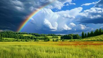 un vibrante arco iris extensión a través de un lozano verde campo ai generado foto