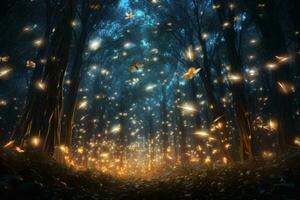 un mágico bosque iluminado por el encantador resplandor de luciérnagas ai generado foto
