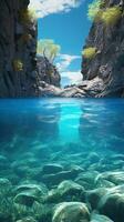 An enchanting underwater landscape with rocky formations and sparkling water AI Generated photo