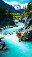 A serene river flowing through a vibrant green forest AI Generated photo