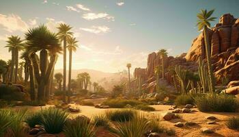 A desert landscape with palm trees and rocks AI Generated photo