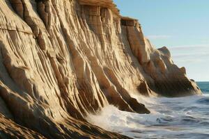 A dramatic rocky cliff being pounded by crashing waves AI Generated photo