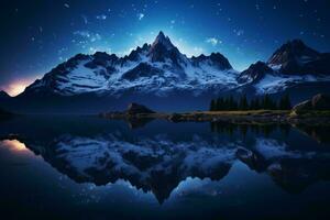 un majestuoso montaña rango reflejado en un sereno lago ai generado foto