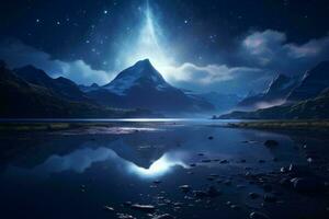 A serene mountain and lake landscape at night AI Generated photo
