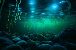 un encantador submarino cueva con fascinante rock formaciones y cristal claro agua ai generado foto