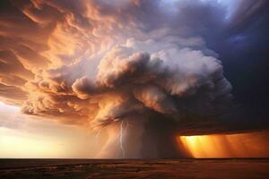 un dramático relámpago tornillo esclarecedor un oscuro tormenta nube ai generado foto