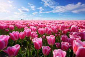 A vibrant field of pink tulips under a clear blue sky AI Generated photo