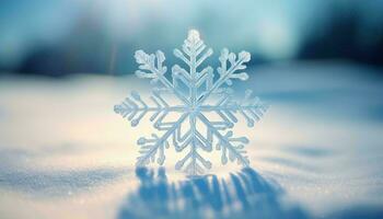 A detailed close-up of a crystal-like snowflake resting on a table surface AI Generated photo